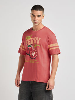 Difference of Opinion - Mens Red Printed Oversized Cotton Round Neck T-Shirt