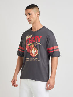 Difference of Opinion - Mens Grey Printed Oversized Cotton Round Neck T-Shirt