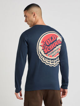Difference of Opinion - Mens Navy Blue Printed Regular Fit Full Sleeve Round Neck T-Shirt