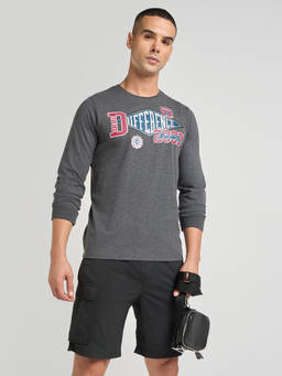 Difference of Opinion - Mens Grey Printed Regular Fit Full Sleeve Round Neck T-Shirt