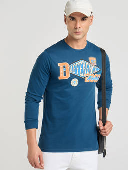 Difference of Opinion - Mens Blue Printed Regular Fit Full Sleeve Round Neck T-Shirt