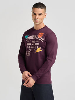 Difference of Opinion - Mens Wine Printed Regular Fit Full Sleeve Round Neck T-Shirt