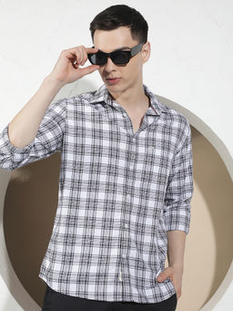 CRIMSOUNE CLUB - Men'S White Checked 100% Cotton Shirt