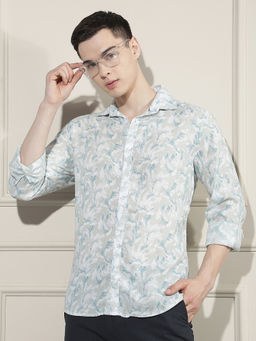 CRIMSOUNE CLUB - Men's Blue Floral Print Linen Shirt
