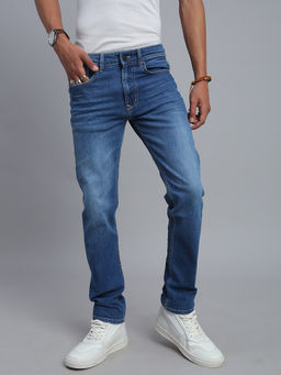 necked - Men's Blue Washed Comfort Straight Denim Jeans
