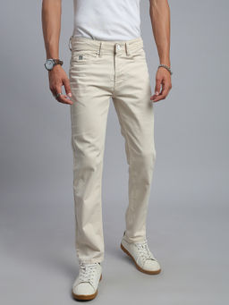 necked - Men's Cream Solid Comfort Straight Fit Jeans