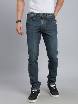 necked - Men's Dark Blue Solid Comfort Straight Fit Jeans