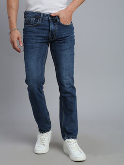 necked - Men's Dark Blue Solid Comfort Straight Fit Jeans