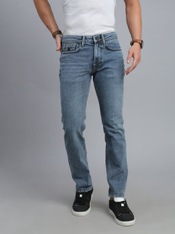 necked - Men's Blue Vintage Solid Comfort Straight Fit Jeans