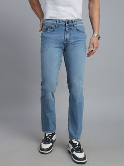 necked - Men's Light Blue Washed Cotton Blend Straight Fit Jeans