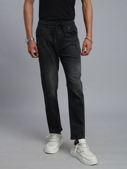 necked - Men's Carbon Black Solid Elastic Denim Jeans