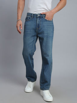 necked - Men Stone Wash Blue Vintage Washed Straight Fit Jeans