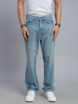 necked - Men Light Blue Vintage Washed Straight Fit Jeans