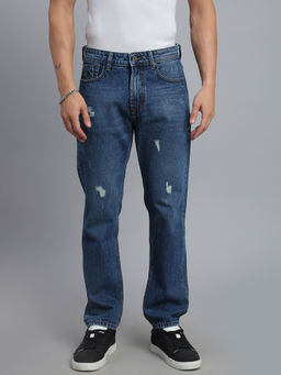 necked - Men Dark Blue Ripped Washed Comfort Fit Jeans