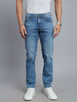 necked - Men Mid Blue Washed Stretch Comfort Fit Jeans