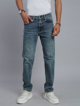 necked - Men Mild Blue Vintage Washed Straight Fit Jeans