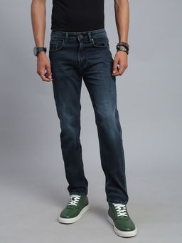 necked - Men Navy Blue Vintage Solid Straight Jeans
