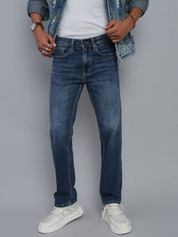 necked - Wicked Men's Mild Blue Washed Denim Straight Fit Jeans