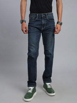 necked - Men's Dark Blue Vintage Washed Denim Straight Fit Jeans