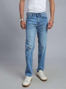 necked - Men's Sky Blue Washed Denim Straight Fit Jeans