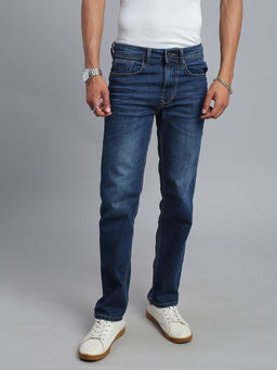 necked - Men's Dark Blue Washed Denim Straight Fit Jeans
