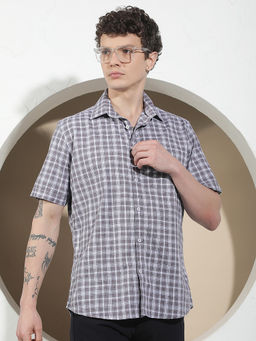 CRIMSOUNE CLUB - Men's Purple Checked 100% Cotton Shirt