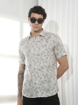 CRIMSOUNE CLUB - Men's Grey Floral Print Linen Shirt