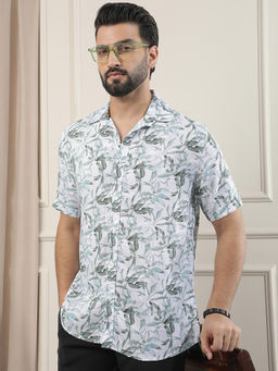 CRIMSOUNE CLUB - Men's White Floral Print Linen Shirt