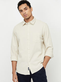 max - Men Beige Solid Spread Collar Casual Shirt