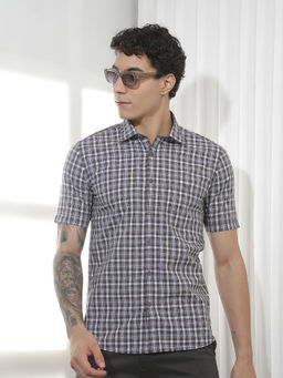 CRIMSOUNE CLUB - Men's Grey Checked 100% Cotton Shirt