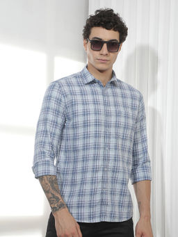 CRIMSOUNE CLUB - Men's Blue Checked 100% Cotton Shirt