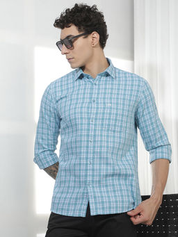 CRIMSOUNE CLUB - Men's Blue Checked 100% Cotton Shirt