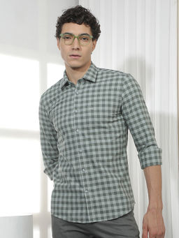 CRIMSOUNE CLUB - Men's Green Checked 100% Cotton Shirt