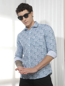 CRIMSOUNE CLUB - Men's Blue Botanical Print 100% Cotton Shirt