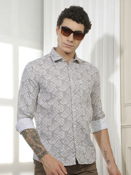 CRIMSOUNE CLUB - Men's Beige Botanical Print 100% Cotton Shirt