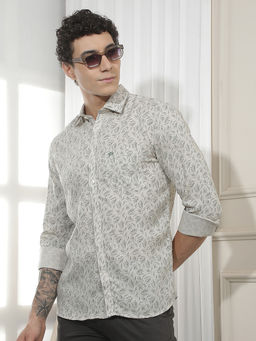 CRIMSOUNE CLUB - Men's Beige Botanical Print Linen Shirt