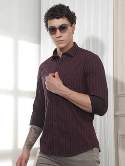 CRIMSOUNE CLUB - Men's Maroon Vertical Striped 100% Cotton Shirt