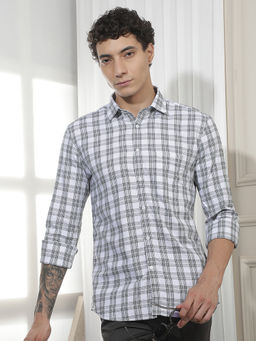 CRIMSOUNE CLUB - Men'S White Checked 100% Cotton Shirt