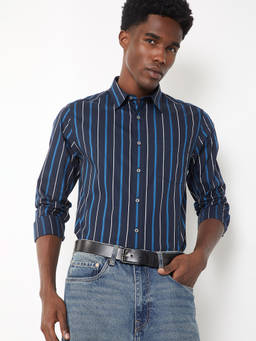max - Men Navy Blue Striped Regular Fit Shirt