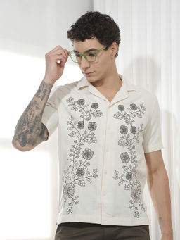 CRIMSOUNE CLUB - Men's Beige Floral Cuban Collar Linen Shirt