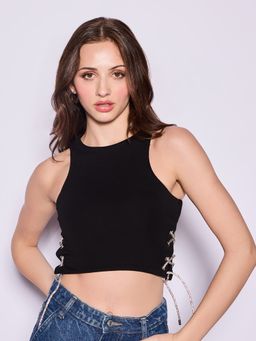 TALLY WEiJL - Black Cropped Top With Lateral Strass Detail