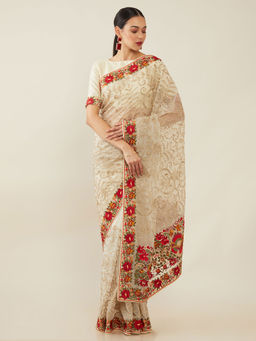 Soch - Embroidered Organza Saree with Unstitched Blouse