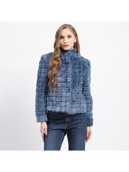Madame - Women Blue Faux High Neck Short Coat