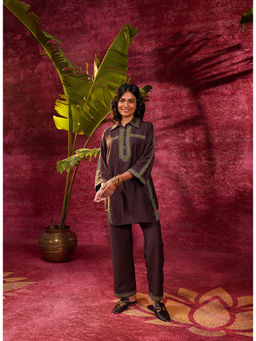 Lakshita - Saanjh Coffee Brown Embroidered Cotton Linen Slub Tunic with Pants (Set of 2)