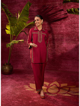 Lakshita - Saanjh Maroon Embroidered Cotton Linen Slub Tunic with Pants (Set of 2)