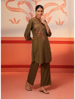 Lakshita - Olive Cotton Linen Tunic with Pants (Set of 2)