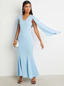Styli - Blue V Neck Cape Sleeves Mermaid Maxi Dress