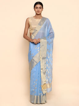 CHOWDHRAIN - Powder Blue Handloom Chanderi Saree with Unstitched Blouse Piece