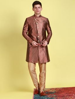 Sanwara - Men Red & Beige Woven Floral Design Sherwani with Payjama Pant (Set of 2)