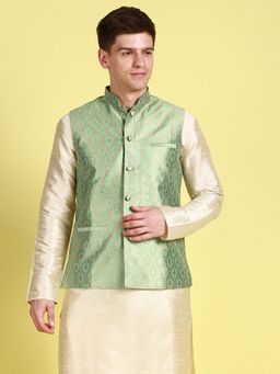 Sanwara - Mens Green Woven Floral Pattern Ethnic Bandi Jacket